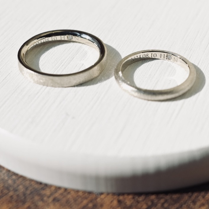 手作り結婚指輪 シャンパンゴールド（K18CG） 平打ち（内甲丸） 甲丸 スターダスト ２mm ３mm 4月 ダイヤモンド レーザー刻印
